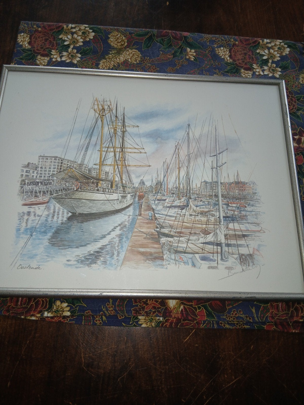 Ingelijste aquarel van de Mercator in Oostende, Antiek en Kunst, Ophalen of Verzenden, Tekening, Aquarel, Gesigneerd