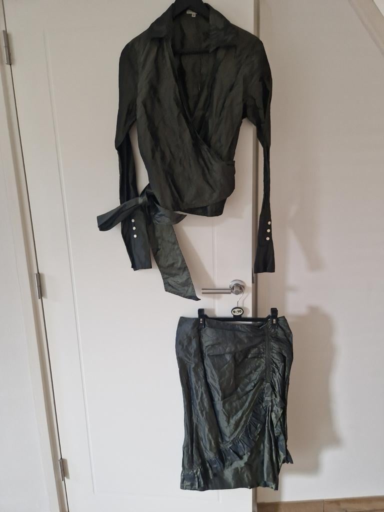 Donkergroene overslag blouse en rok set, Maat 38/40 (M), Ophalen of Verzenden, Knielengte, Groen