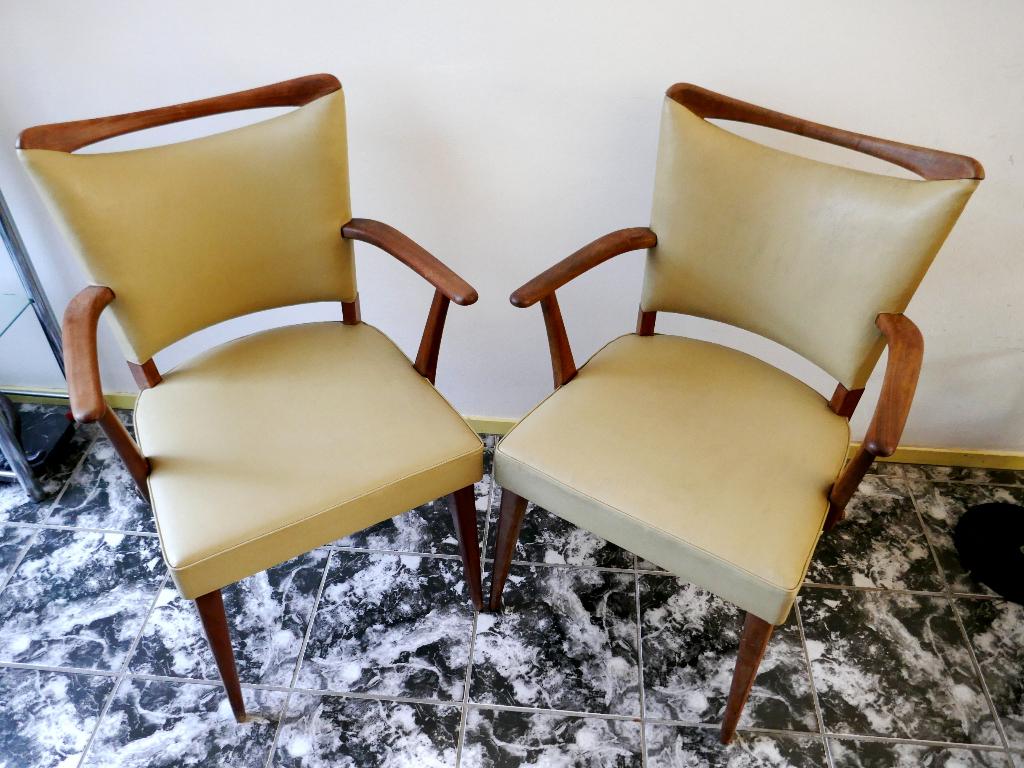 vintage fauteuils - jaren 60 - teakhout / skai, Hout, Gebruikt, Minder dan 75 cm, Sixties