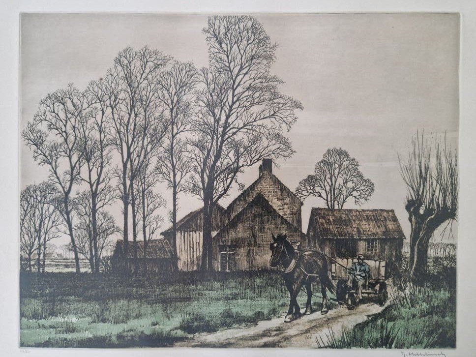 Rogger Hebbelinck - Kleurenets 50x60 cm, Antiek en Kunst, Kunst | Etsen en Gravures, Ets, Gesigneerd, Landschap, 1950 - 1999, Ophalen of Verzenden