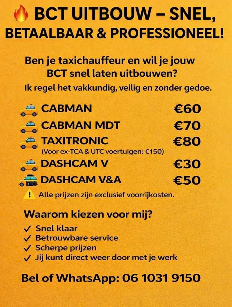 BCT UITBOUW TAXITRONIC & CABMAN/MDT DASHCAM, Auto-onderdelen, Elektronica en Kabels, Ophalen of Verzenden