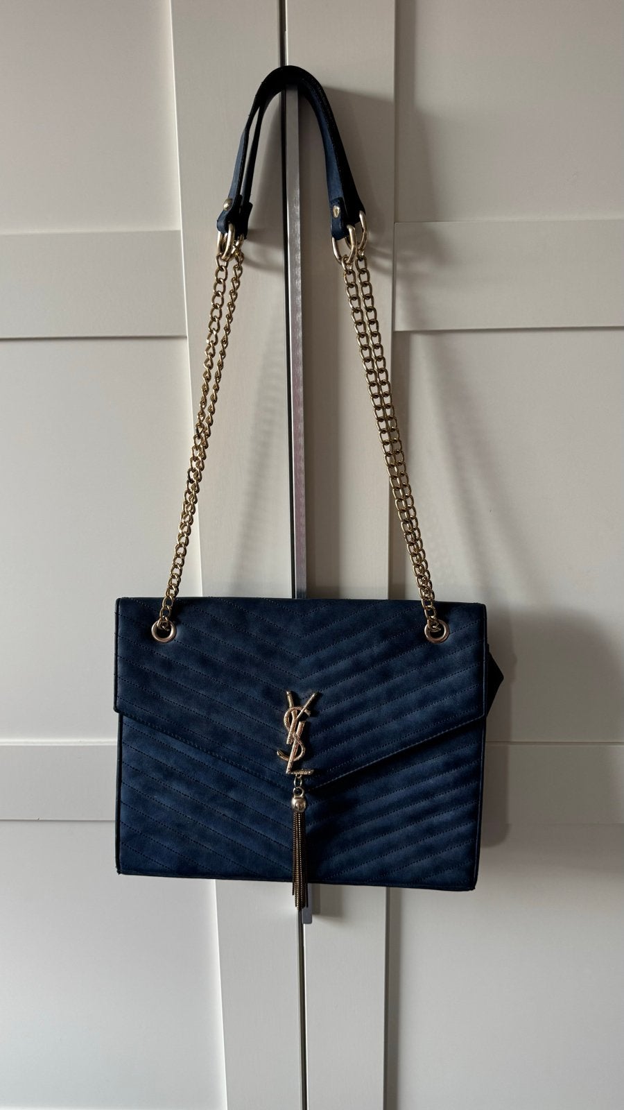 Leuke donkerblauwe tas met gouden details, ketting, vintage, Sieraden, Tassen en Uiterlijk, Verzenden, Gebruikt, Blauw, Schoudertasje