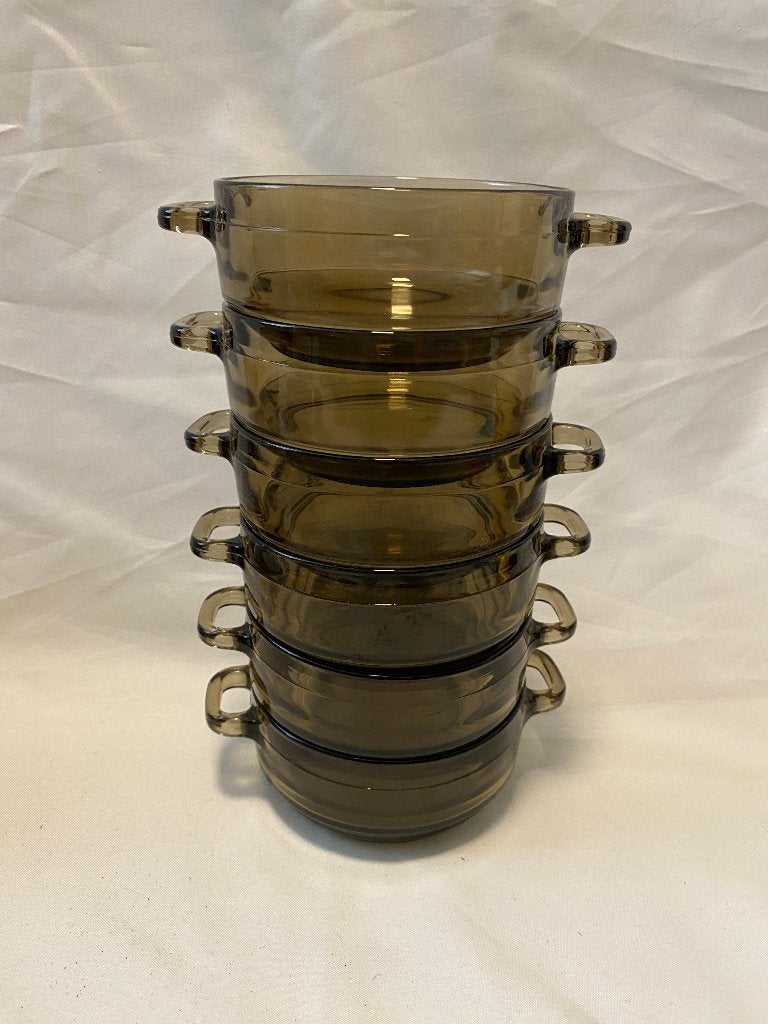 Retro Set van 6 Arcoroc Soepkommen Snackschaaltjes met oor, Huis en Inrichting, Gebruikt, Ophalen of Verzenden, Glas, Kom(men)