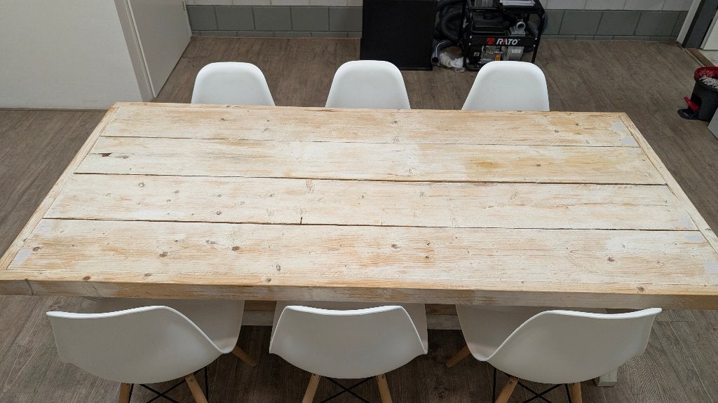 Steigerhouten eettafel + 6 design stoelen, Ophalen, Zo goed als nieuw