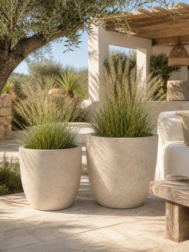 Grote bloempotten- creme - ibiza style, Ophalen, Steen, 40 cm of meer, Rond