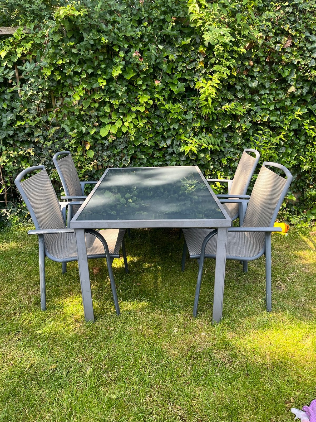 Tuinset met tafel en 4 stoelen, Tuin en Terras, Tuinsets en Loungesets, Gebruikt, Tuinset, Aluminium, 4 zitplaatsen, Eettafel