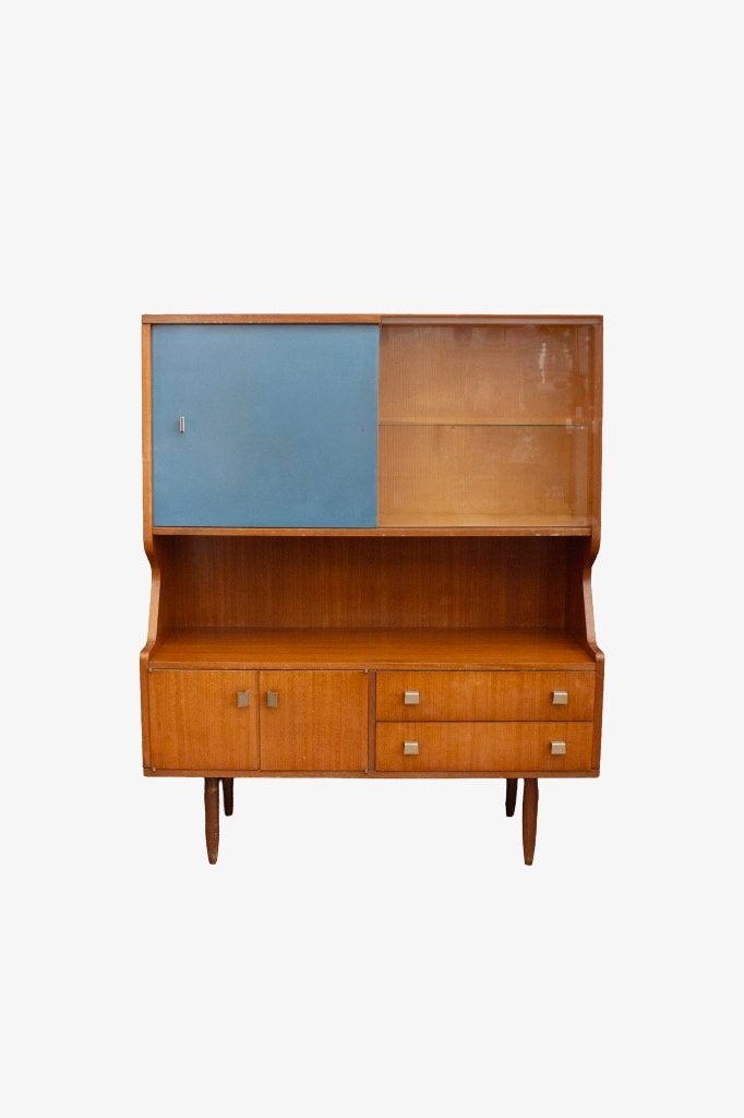 Jaren 50 buffetkast met blauwe en glazen schuifdeur, Ophalen, Gebruikt, 100 tot 150 cm, Vintage