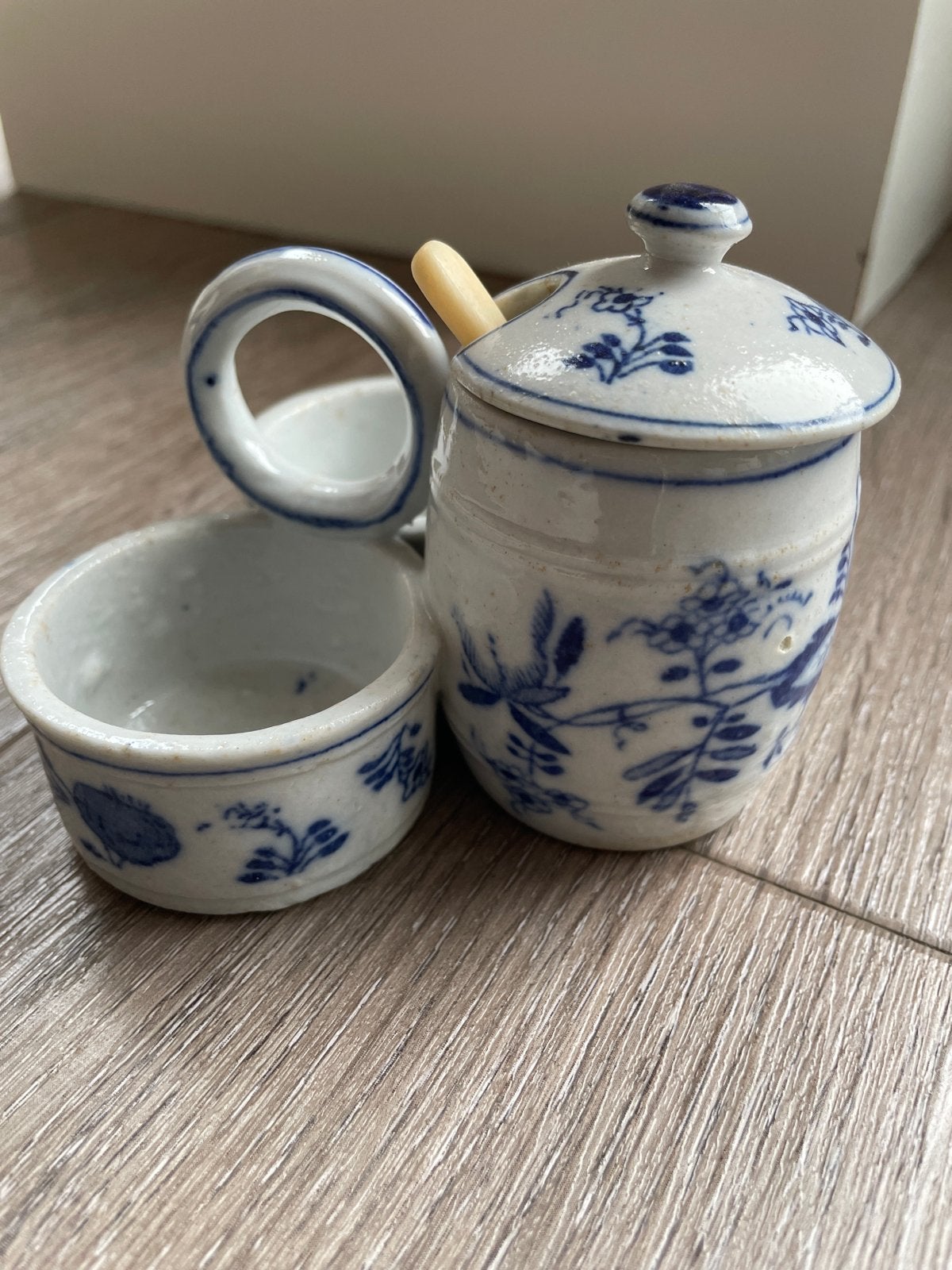 Antieke zoutpot en mosterdpot met lepel, Delfts blauw, Ophalen of Verzenden