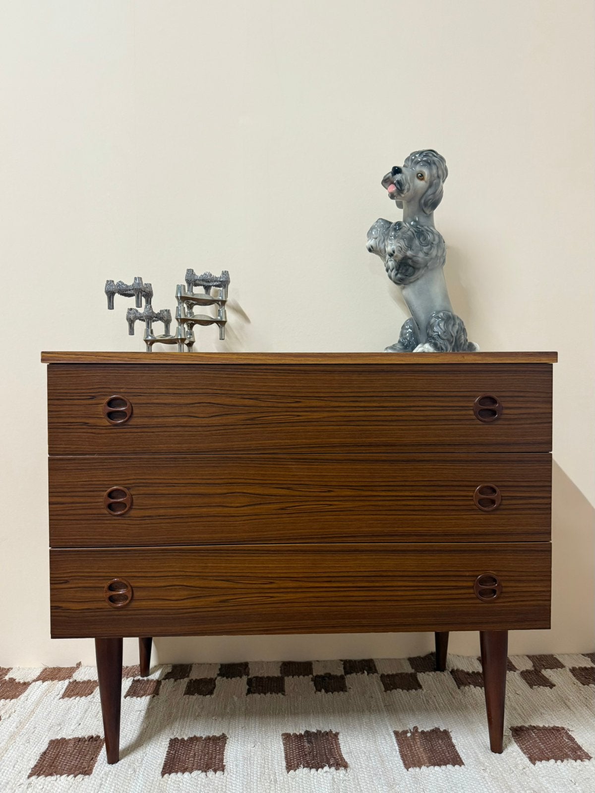 Vintage ladekast fineer teak retro jaren 60 deens design, Vintage, 50 tot 100 cm, Zo goed als nieuw, 3 of 4 laden