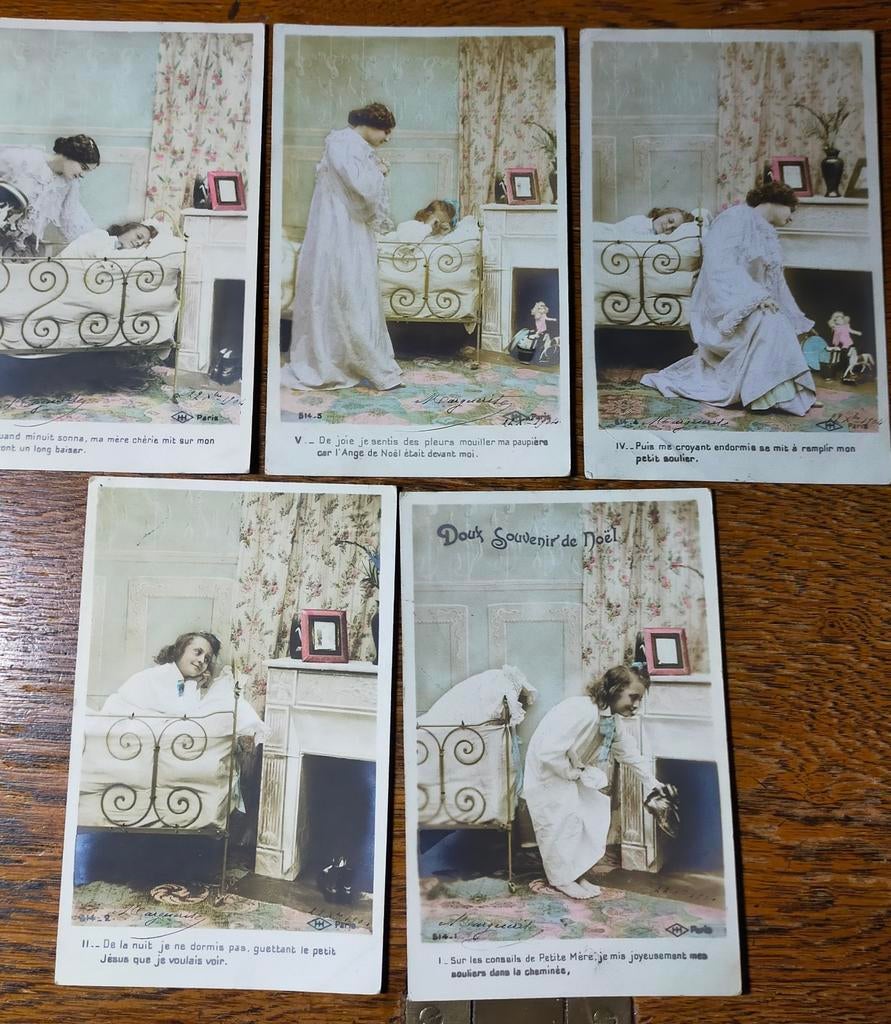 5 Oude Franse Kerstkaarten - Doux Souvenir de Noël, Ophalen of Verzenden, Voor 1920, Gelopen, Frankrijk