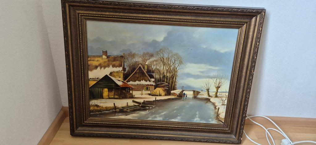 Schilderij Winterlandschap met Huizen en Rivier, Ophalen