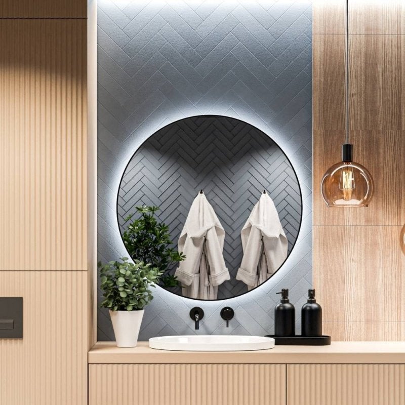 Spiegel Rond LED Rondom Mat Zwarte Lijst, Huis en Inrichting, Woonaccessoires | Spiegels, Ophalen, Massi, Nieuw, Minder dan 100 cm