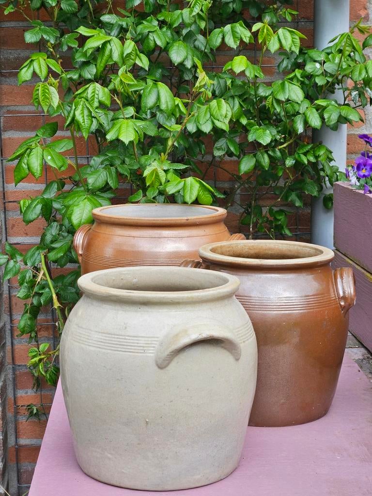 Set van 3 Brocante Franse Inlegpotten - Bruin & Grijs, Ophalen of Verzenden