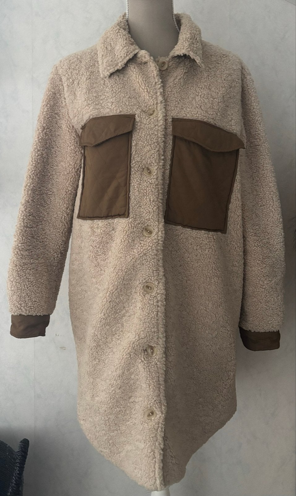 Lange teddy OBJECT winterjas, maat 38!, Verzenden, Zo goed als nieuw, Maat 38/40 (M), Beige
