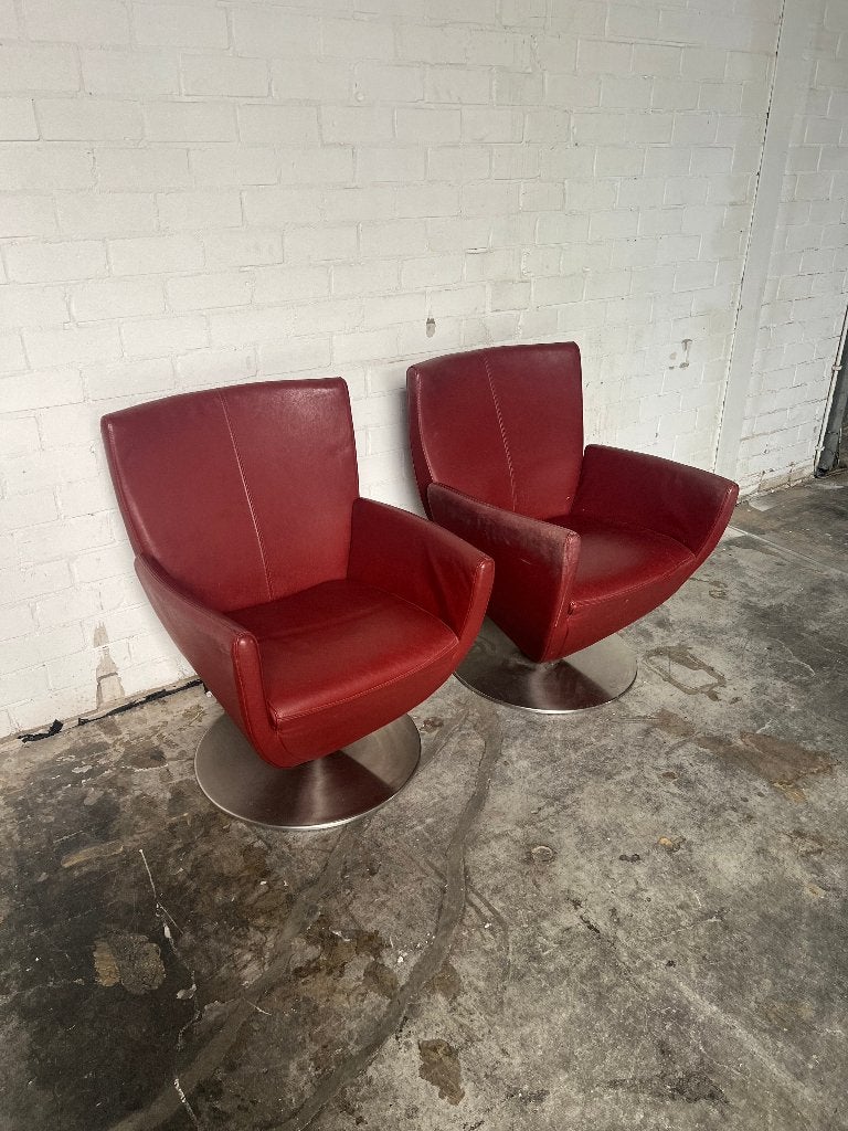 Set design draaifauteuils rood leder look modern, Ophalen of Verzenden, Gebruikt, 75 tot 100 cm, 50 tot 75 cm