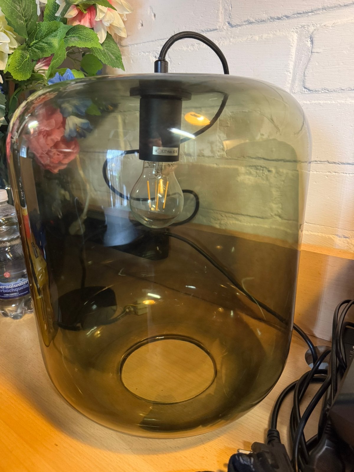 Mooie glazen hanglamp groen tint, Ophalen, 32 cm, Zo goed als nieuw, Met verlichting