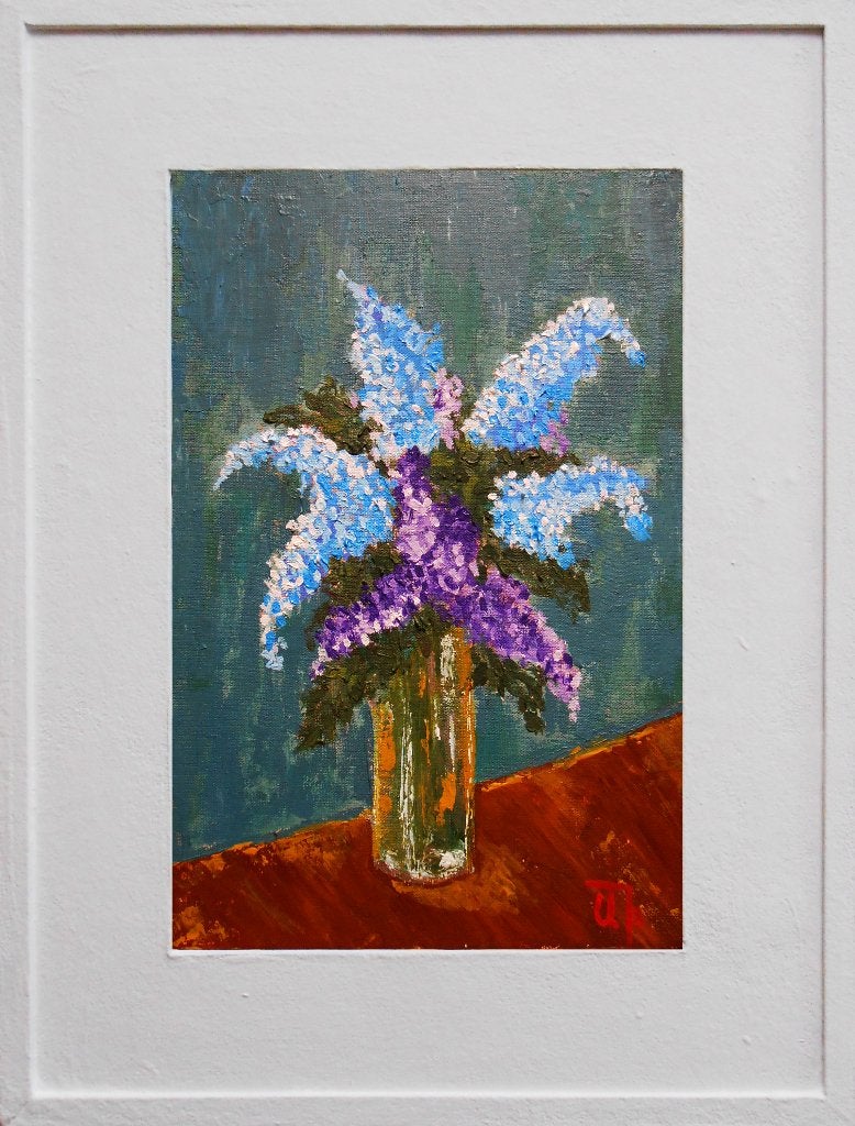 "Seringen in een vaas", Handgeschilderd, Verzenden, Olieverf, Bloemen