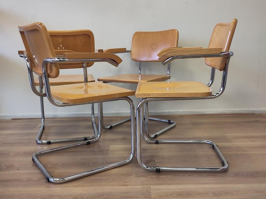 4x Vintage buisframe stoel S64 Breuer eetkamerstoel hout, Ophalen, Gebruikt, Bruin, .