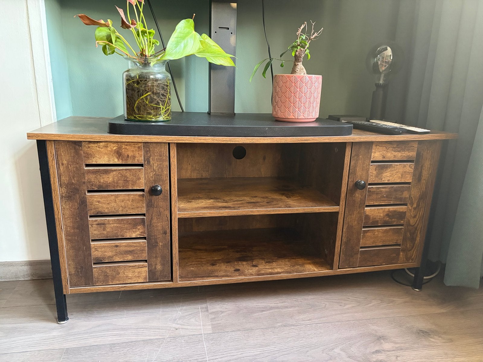 Tv meubel houtlook met opbergruimte, Huis en Inrichting, Kasten | Televisiemeubels, Ophalen, Gebruikt, 100 tot 150 cm, Minder dan 100 cm