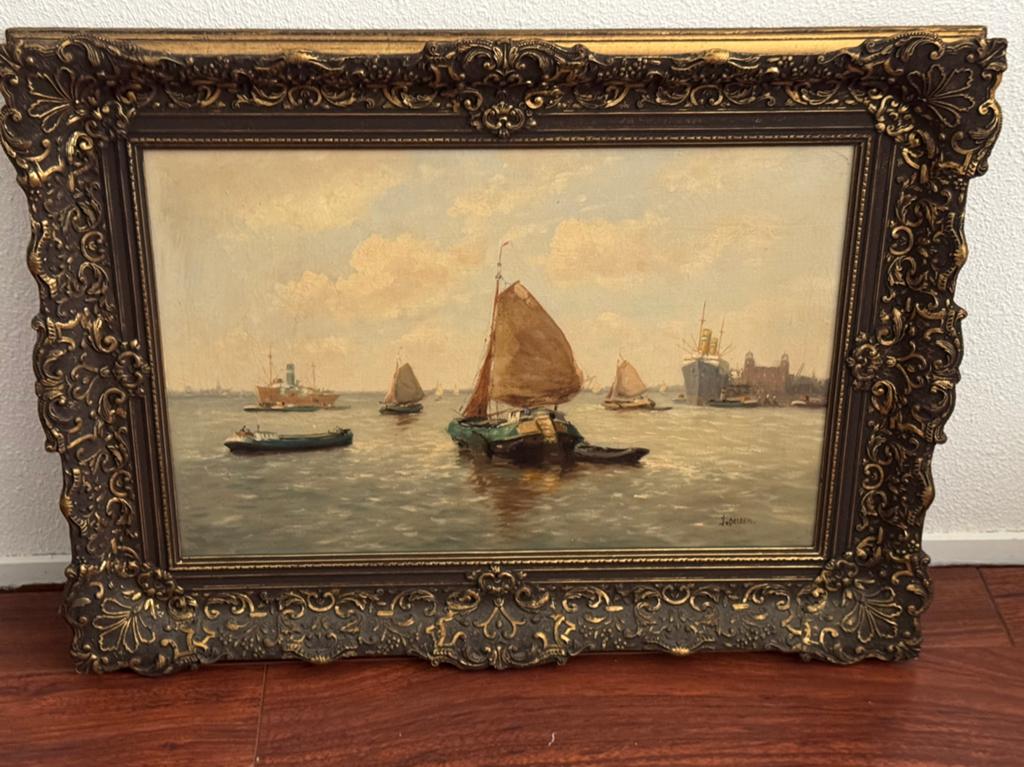 Olieverfschilderij havengezicht met zeilboten - I. v. Delden, Antiek en Kunst, Kunst | Schilderijen | Klassiek, Ophalen