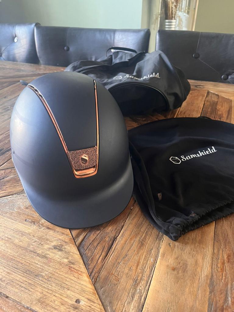 Samshield cap 1.0 blauw met brons/goude glitters, Dieren en Toebehoren, Paardrijkleding, Gebruikt, Dressuur, Ophalen of Verzenden