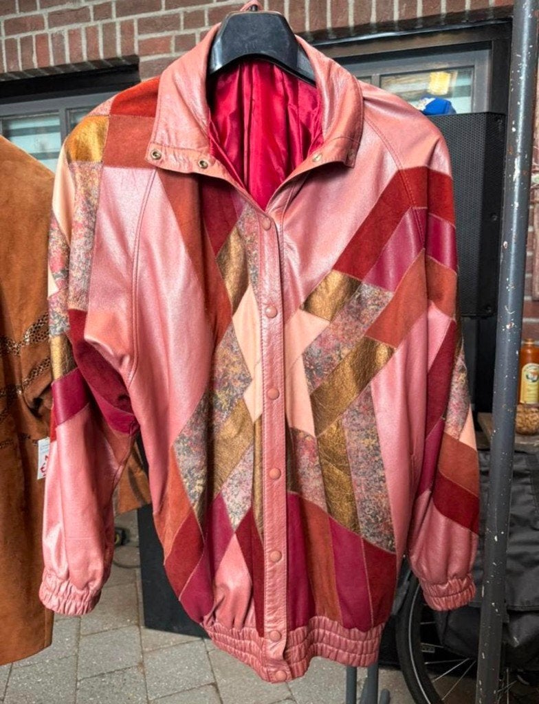 Vintage Leren Patchwork Bomberjack, Roze/Rood Tinten -Maat M, Kleding | Dames, Zaspel, Ophalen of Verzenden, Zo goed als nieuw