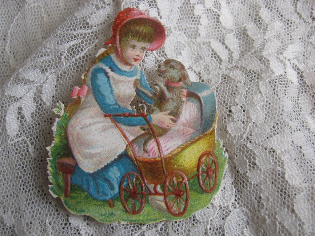 Antiek Poesieplaatje - Meisje  met Hond in Poppenwagen 5.5x4, Verzamelen, Verzenden