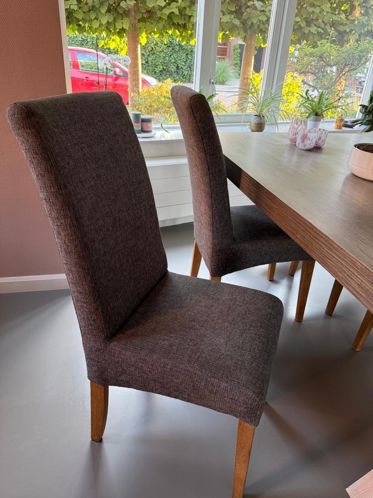 Set van 4 grijze eetkamerstoelen met stoffen bekleding, Huis en Inrichting, Stoelen, Ophalen, Zo goed als nieuw, Vier, Stof
