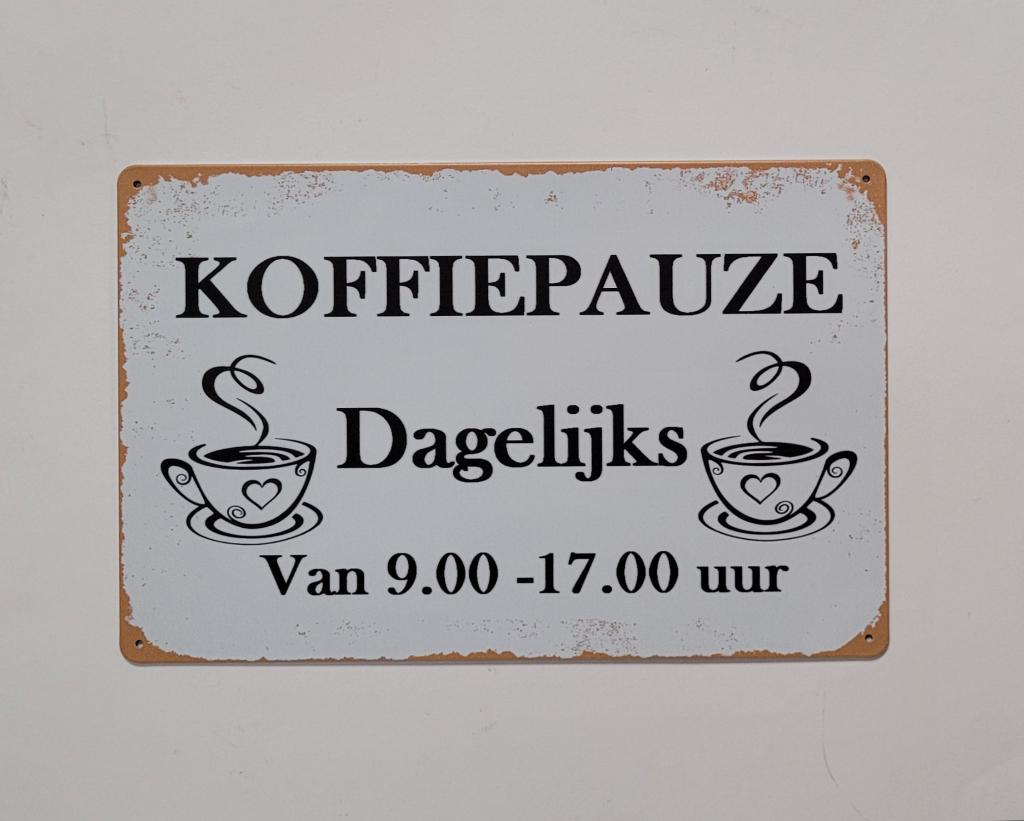 Koffie pauze dagelijks van 9 tot 5 reclamebord van metaal, Info@deconoord.nl, Deco Noord, Nieuw, Ophalen of Verzenden