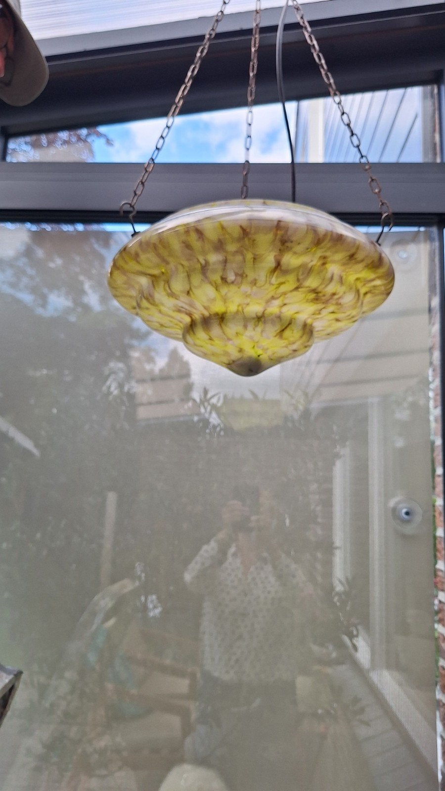Antieke lamp geel met bruin gewolkt glas, Ophalen