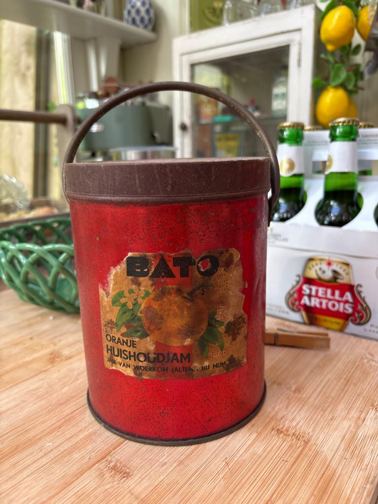 Vintage BATO Oranje Huishoudjam Blik - Authentiek Verzamelst, Verzamelen, Ophalen of Verzenden, Gebruikt