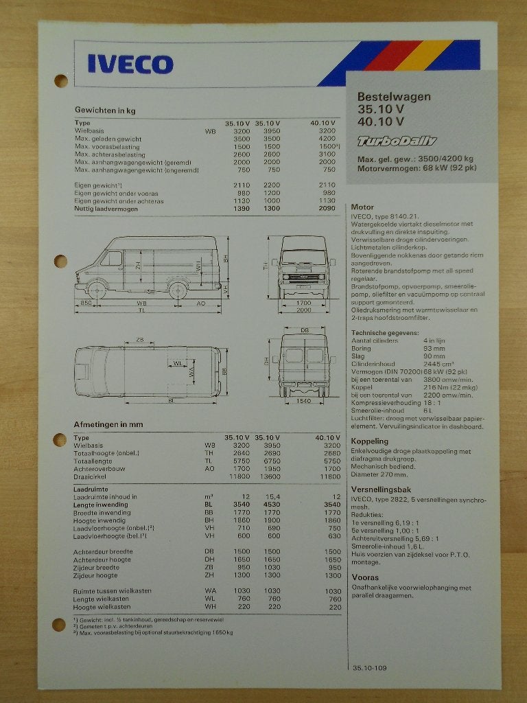Iveco TurboDaily 35.10 40.10 V Specificatie Brochure 1985, Iveco, Ophalen of Verzenden, Zo goed als nieuw, Overige merken
