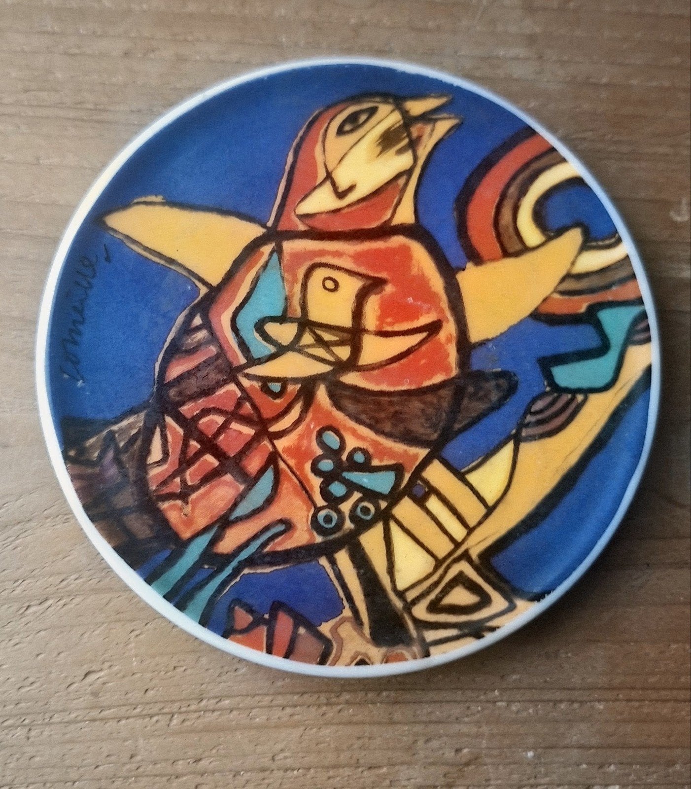 Decoratief onderzetter met vogelmotief - gesigneerd, Ophalen of Verzenden