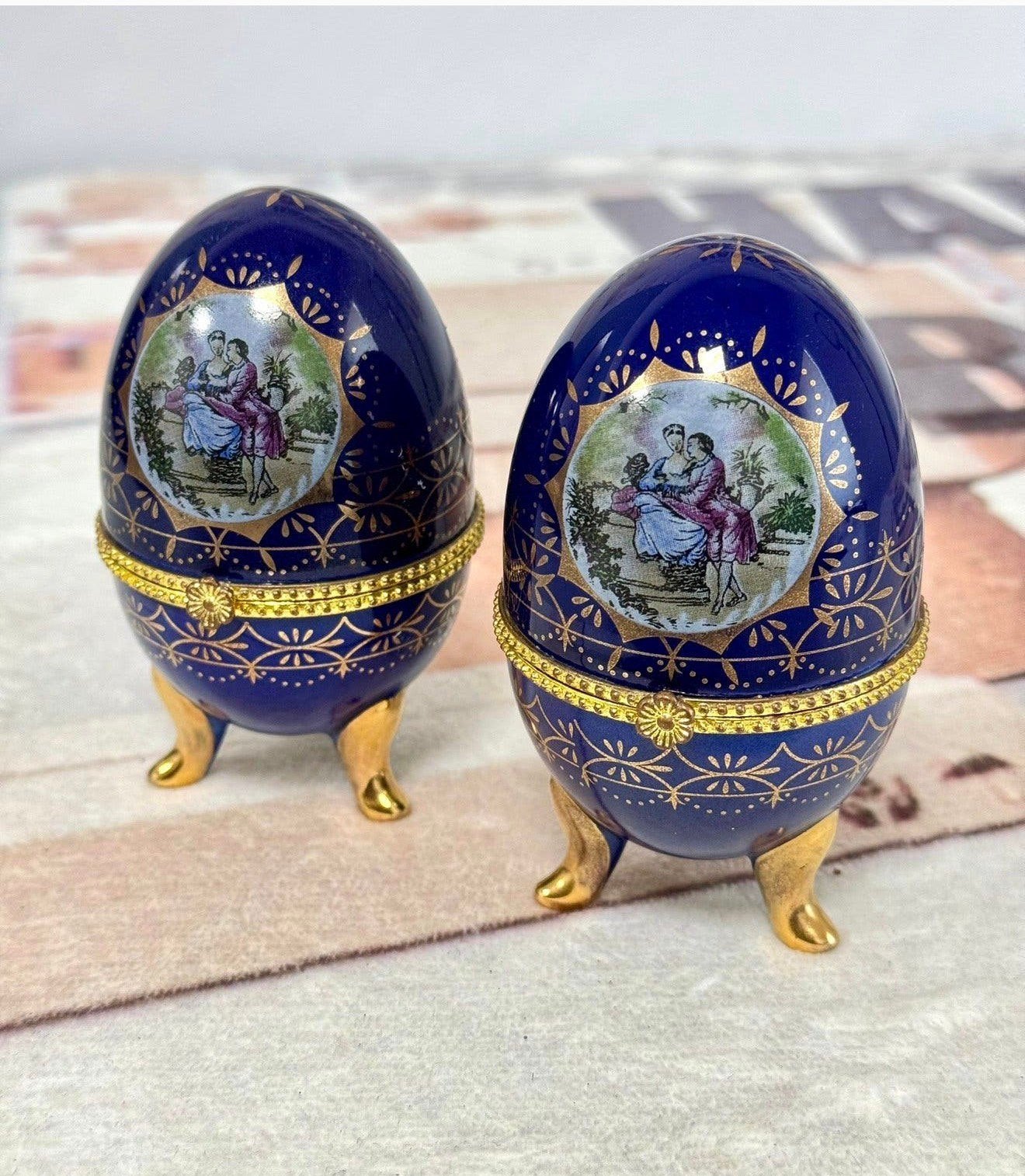 2X antiek Porseleinen Faberge Ei cobalt blauw Gesigneerd, Ophalen of Verzenden