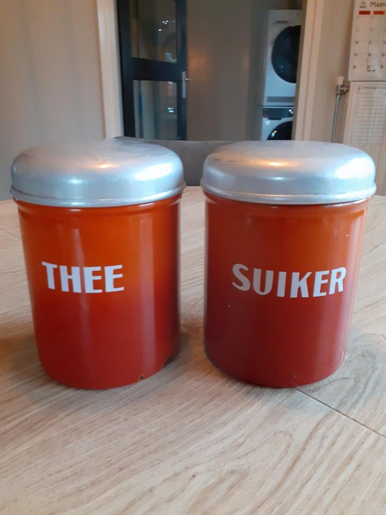 Vintage voorraadpotten: Thee & Suiker (emaille), Ophalen of Verzenden