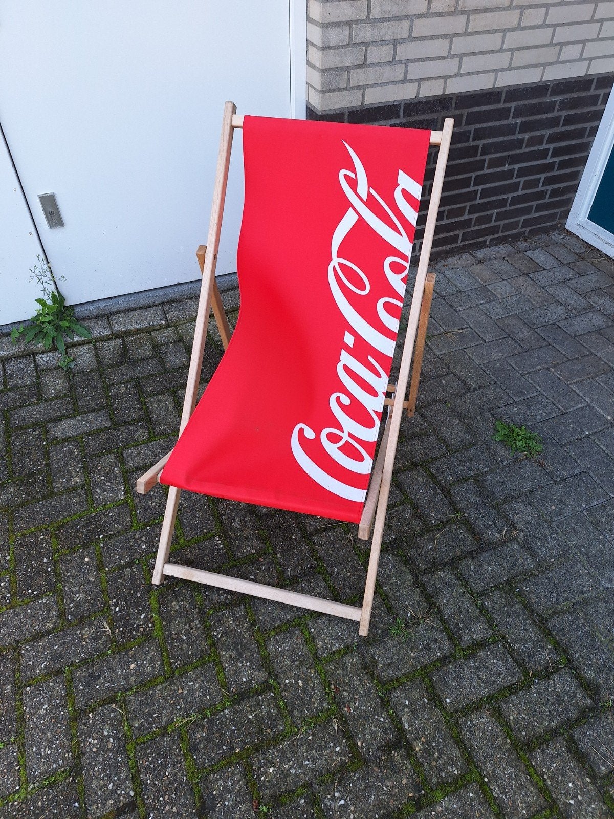 strandstoel coca cola, Ophalen, Gebruikt, Hout, Inklapbaar