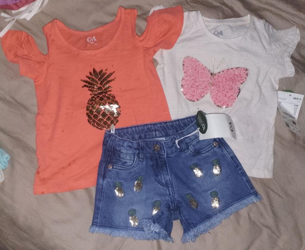 Meisjes zomer setjes C&A maat 98 - Ananas & Vlinder, C&A, Meisje, Ophalen of Verzenden, Zo goed als nieuw
