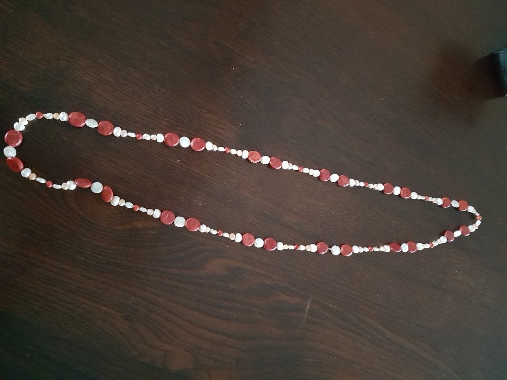 Echt parelcollier: witte, oranje en zalm parels, rood koraal, Sieraden, Tassen en Uiterlijk, Kettingen, Nieuw, Ophalen of Verzenden