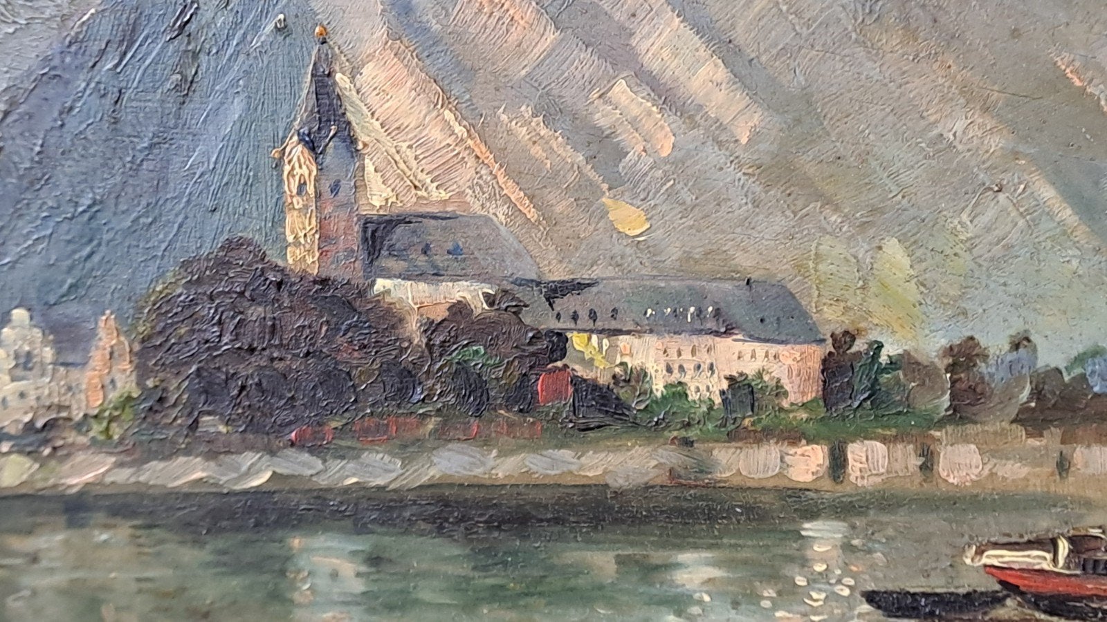 Antiek schilderij: Gezicht op de Rijn met schepen, Antiek en Kunst, Kunst | Schilderijen | Klassiek, Paneel, Ophalen of Verzenden
