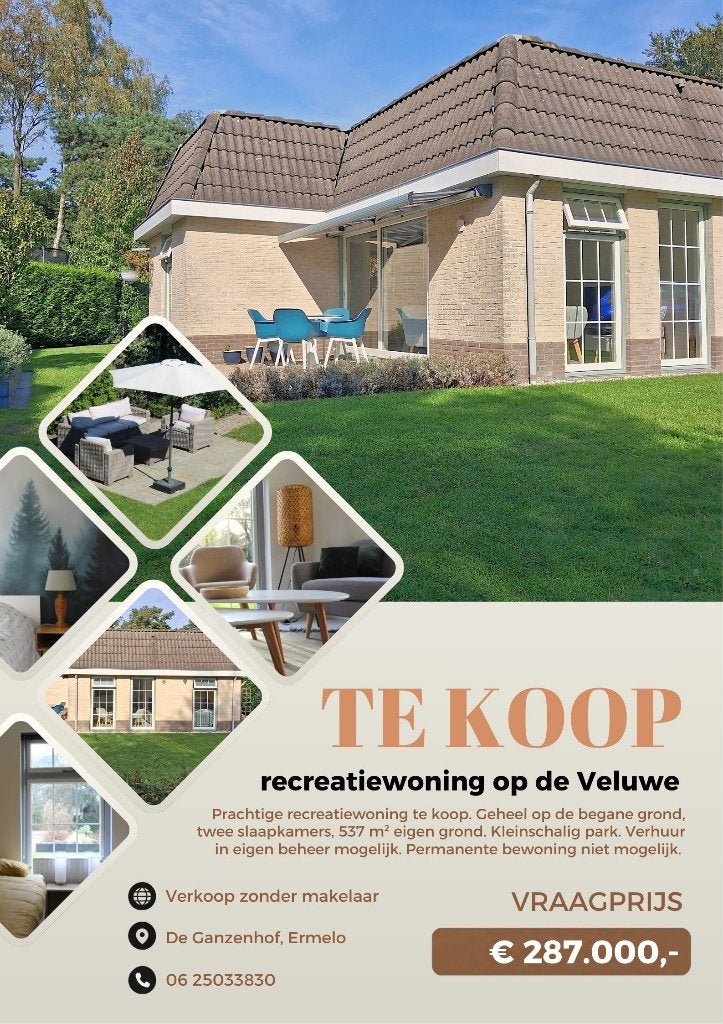 Stenen recreatiewoning op de Veluwe op 537m² eigen grond, Gelderland, 2 slaapkamers, Verkoop zonder makelaar, 66 m²