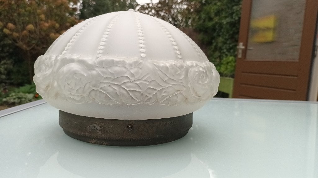 bijzonder PLAFONAIRE, antiek glas, met rozen- en parel decor, Ophalen of Verzenden