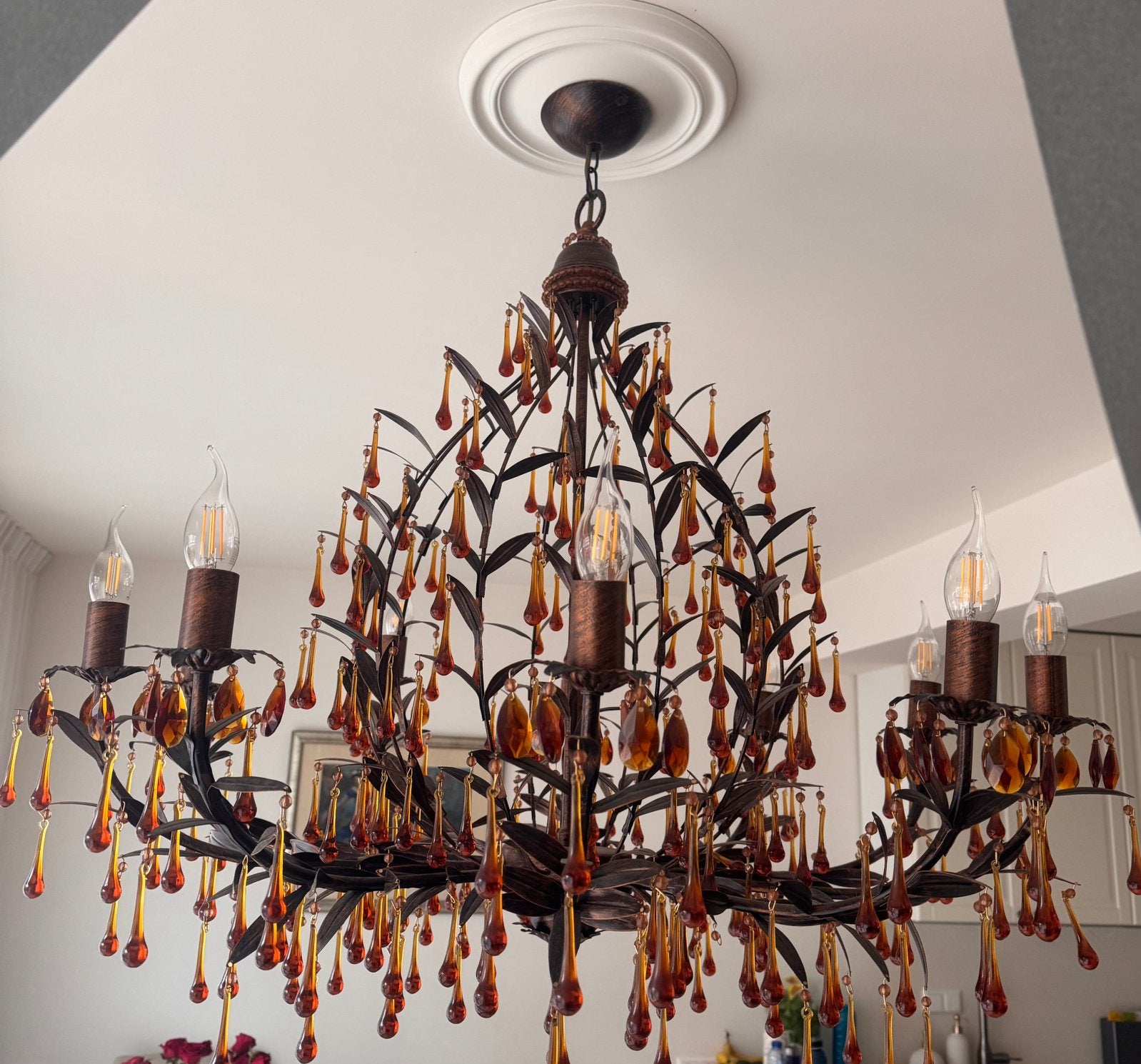 Italiaanse Murano kroonluchter met amberkleurige teardrops, Huis en Inrichting, Lampen | Kroonluchters, Ophalen, Gebruikt, Metaal