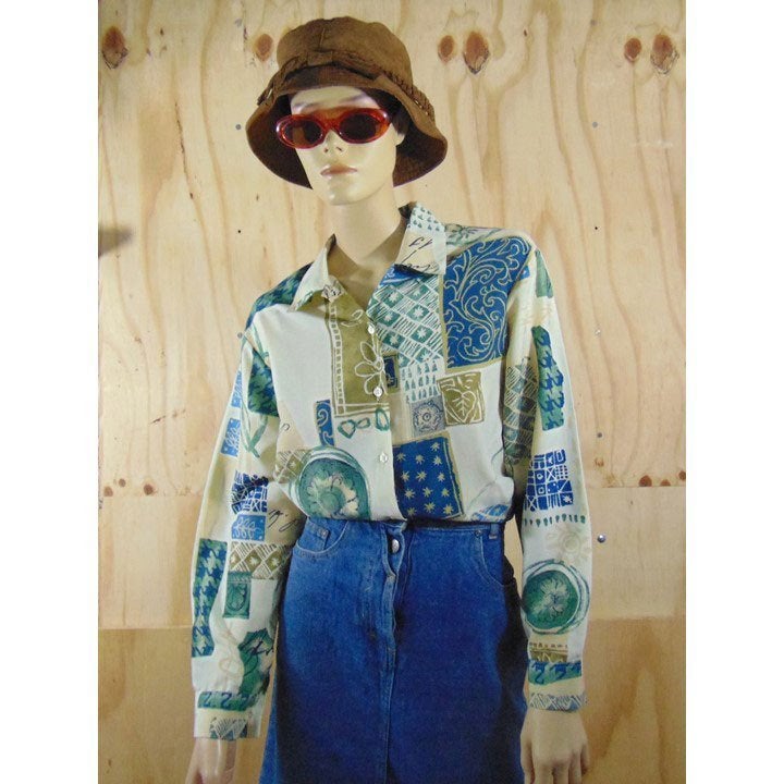 Vintage beige 90s blouse met print maat M, Maat 38/40 (M), Verzenden, Beige, Zo goed als nieuw