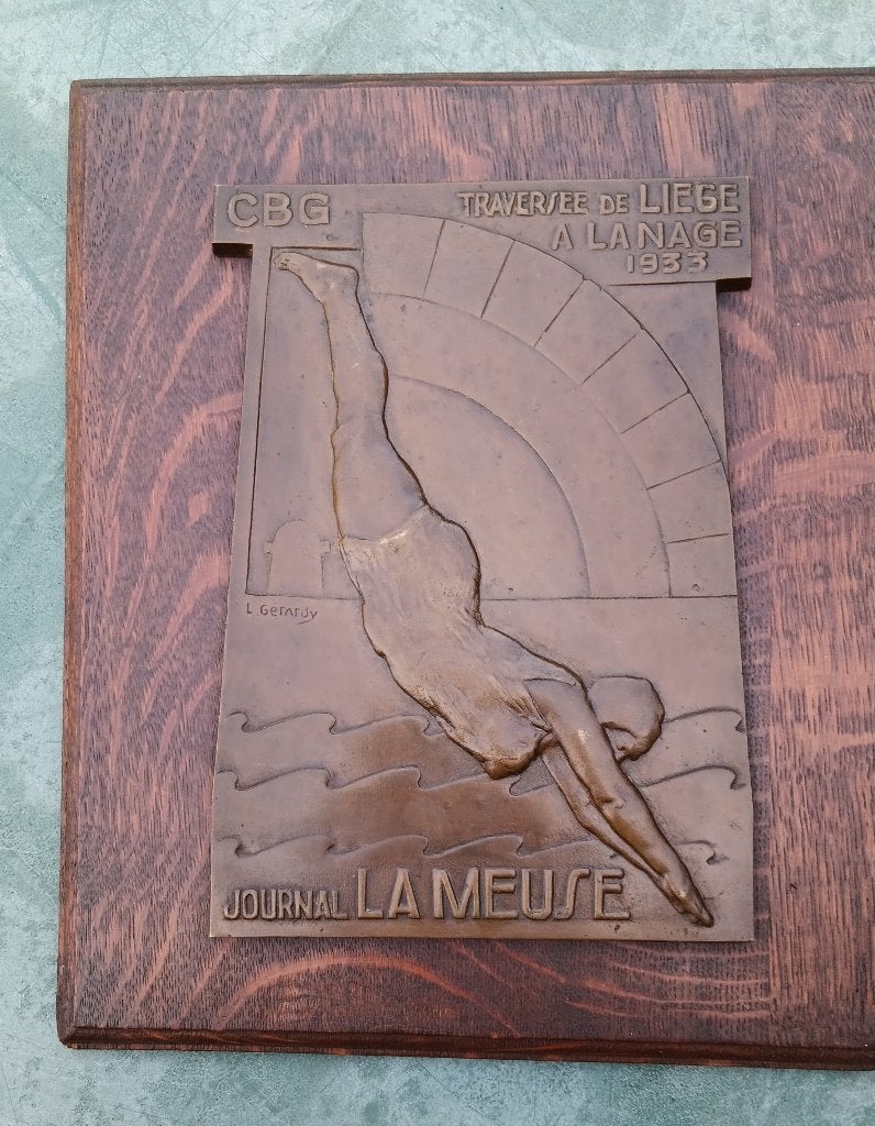 Art deco bronzen plaquette plakette zwemmer van L. Gerardy, Ophalen of Verzenden, Brons