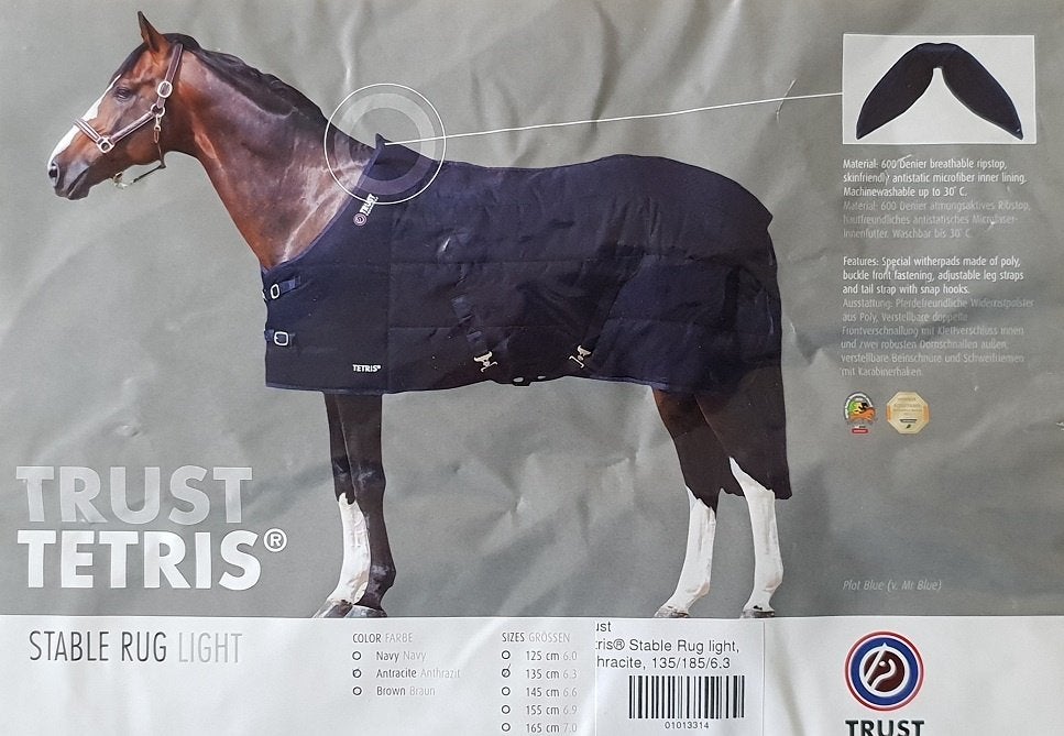 Paardendeken / Staldeken TRUST Tetris 135/185/6.3 Antraciet, Dieren en Toebehoren, 0 g, Schoftbescherming, Ripstop, Nieuw