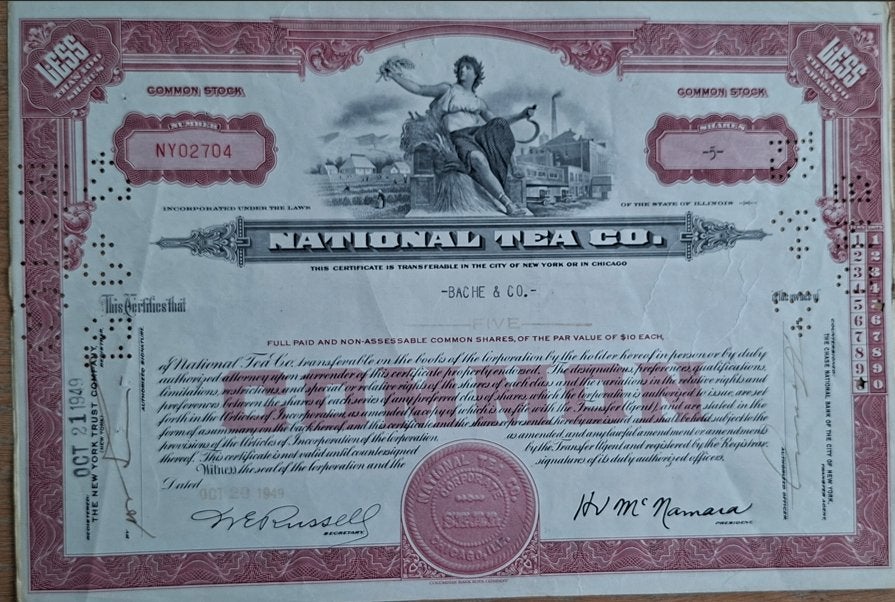 Vintage aandelen certificaat National Tea Co. okt 1949, Ophalen of Verzenden, Zo goed als nieuw
