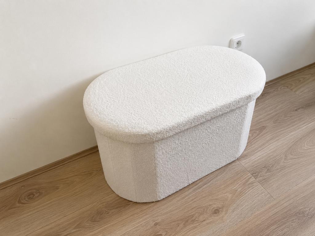 Witte Bouclé Opbergpoef met Deksel - Bol Japandi Poef, Ophalen, 75 tot 100 cm, Zo goed als nieuw, Stof