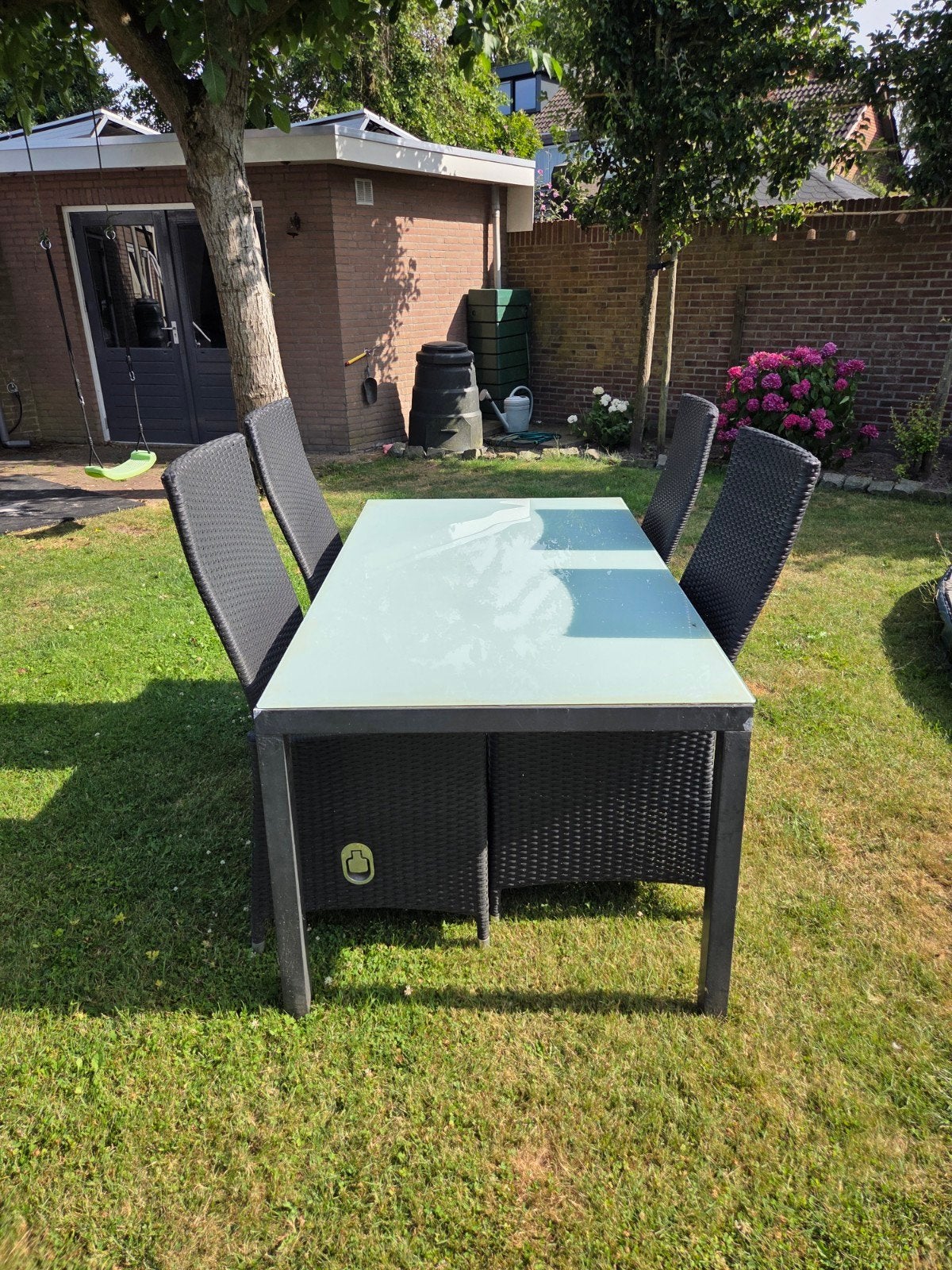Tuinset Bois Le Duc met 4 stoelen en glazen tafel, Tuin en Terras, Tuinsets en Loungesets, Ophalen, Gebruikt, Aluminium
