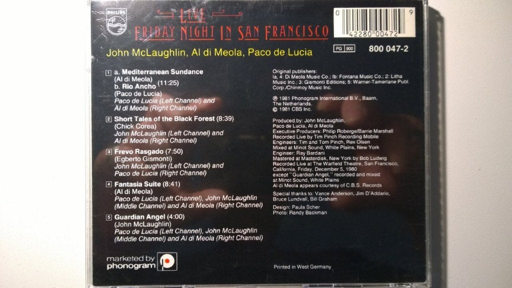 John McLaughlin, Al Di Meola, Paco De Lucía - Friday Night, Cd's en Dvd's, Cd's | Jazz en Blues, Ophalen of Verzenden, Zo goed als nieuw