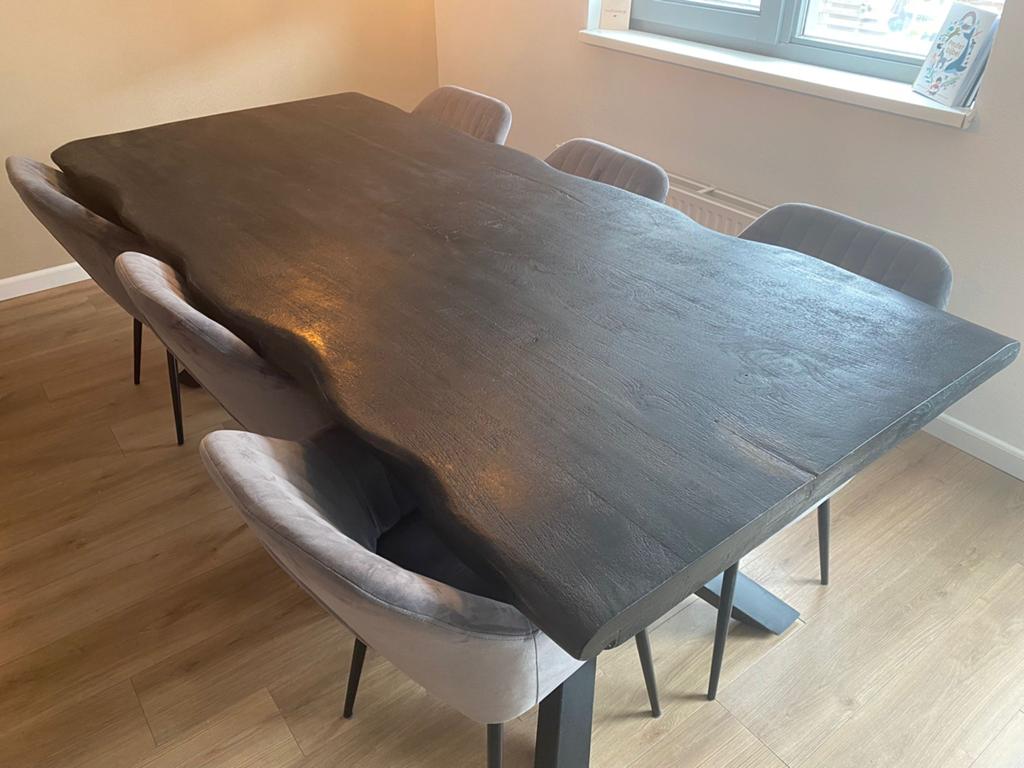 Te koop zwarte houten tafel met stalen poten, Huis en Inrichting, Tafels | Eettafels, Gebruikt, 50 tot 100 cm, 200 cm of meer